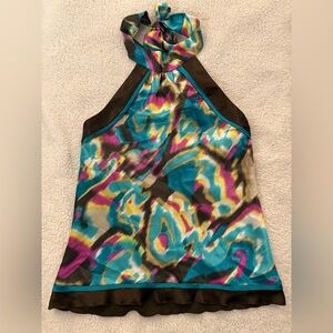BCX Teal Purple Yellow Abstract Toe Back Halter Camisole Style Top